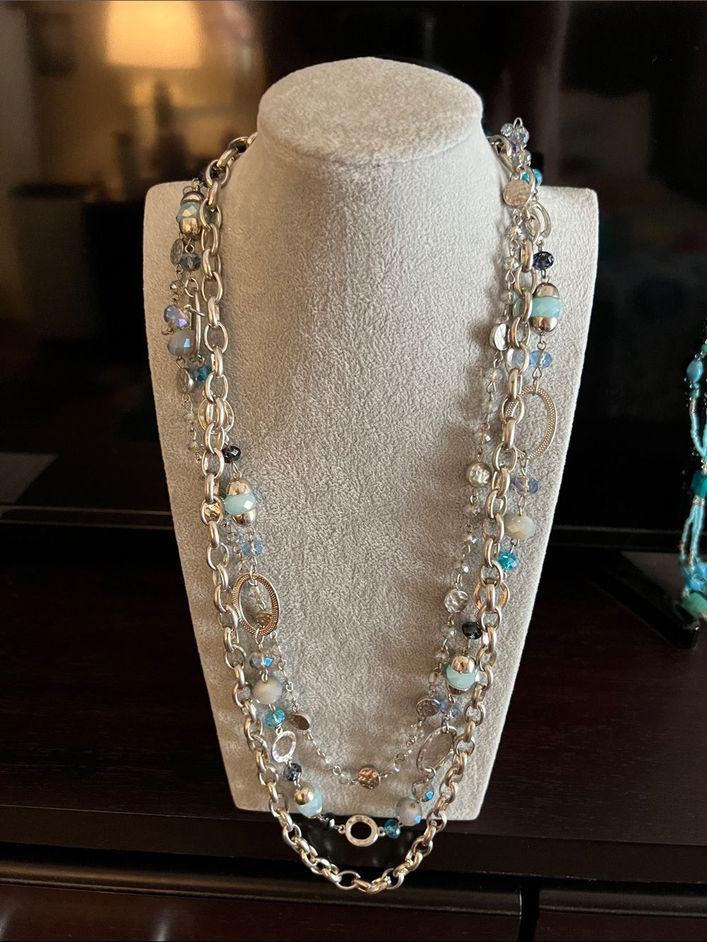 Layered Silver Necklace with Blue and Teal Accent Beads - Women Jewelry